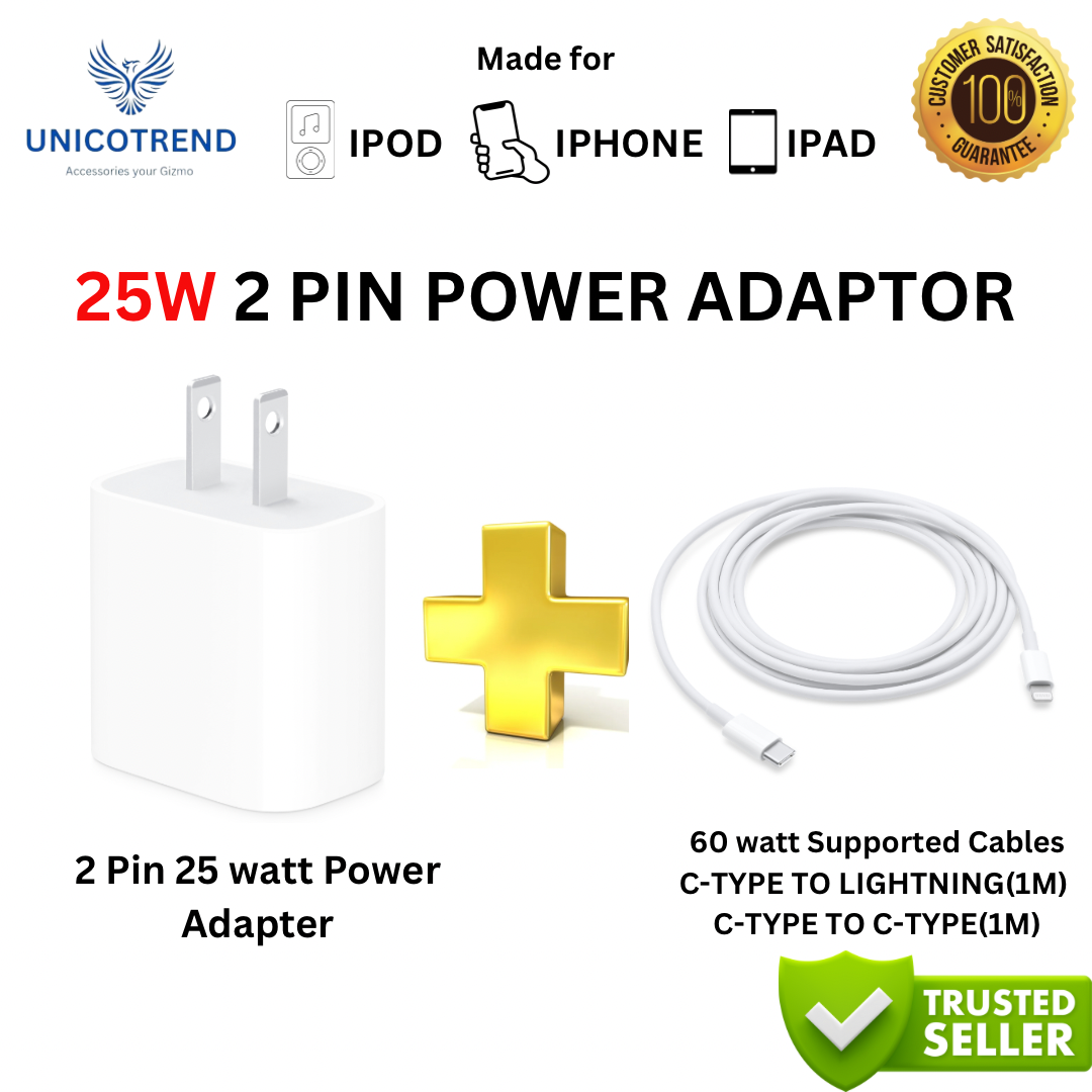 Pack of 25w Original Adapter with 60Watt supported Lightning Cable