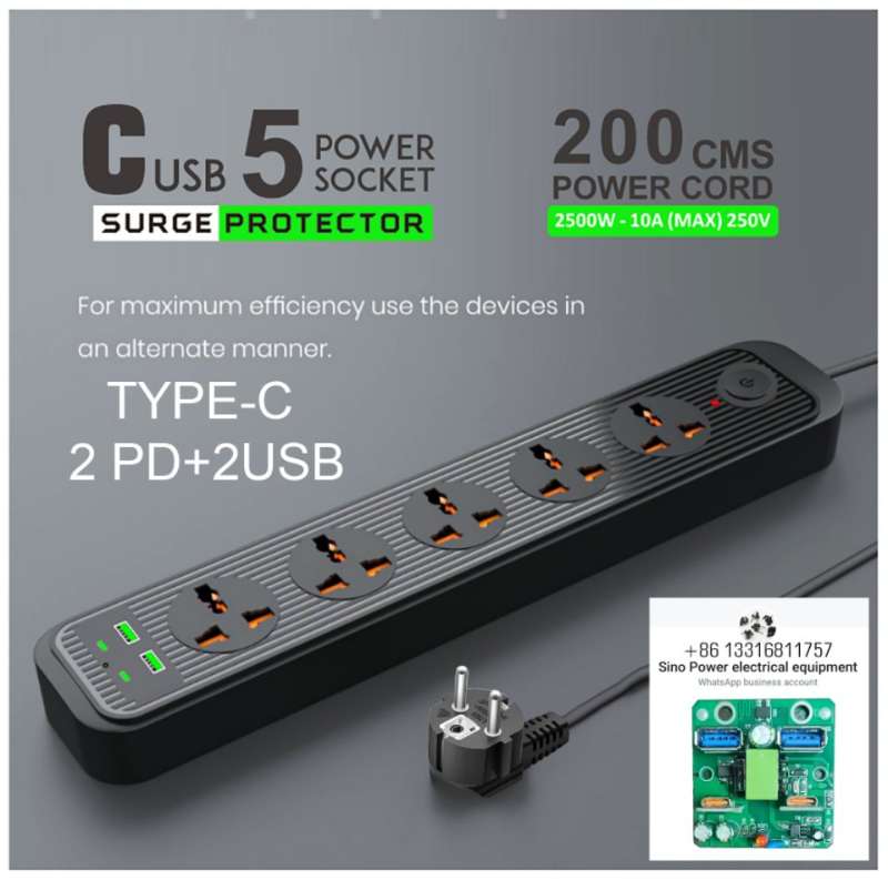 Standard Grounded Power Strip 5 EU Plugs Sockets 2 USB 2 Type C Ports